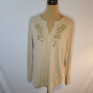Anthropologie Akemi + Kin Tan Beaded & Sequin Floral Henley Top - L